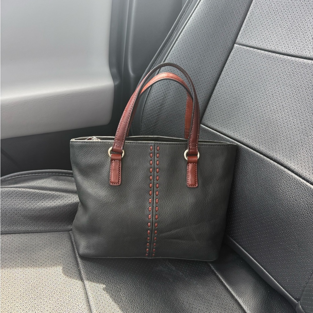 Fossil Leather Two-Tone Black and Brown Tote Bag